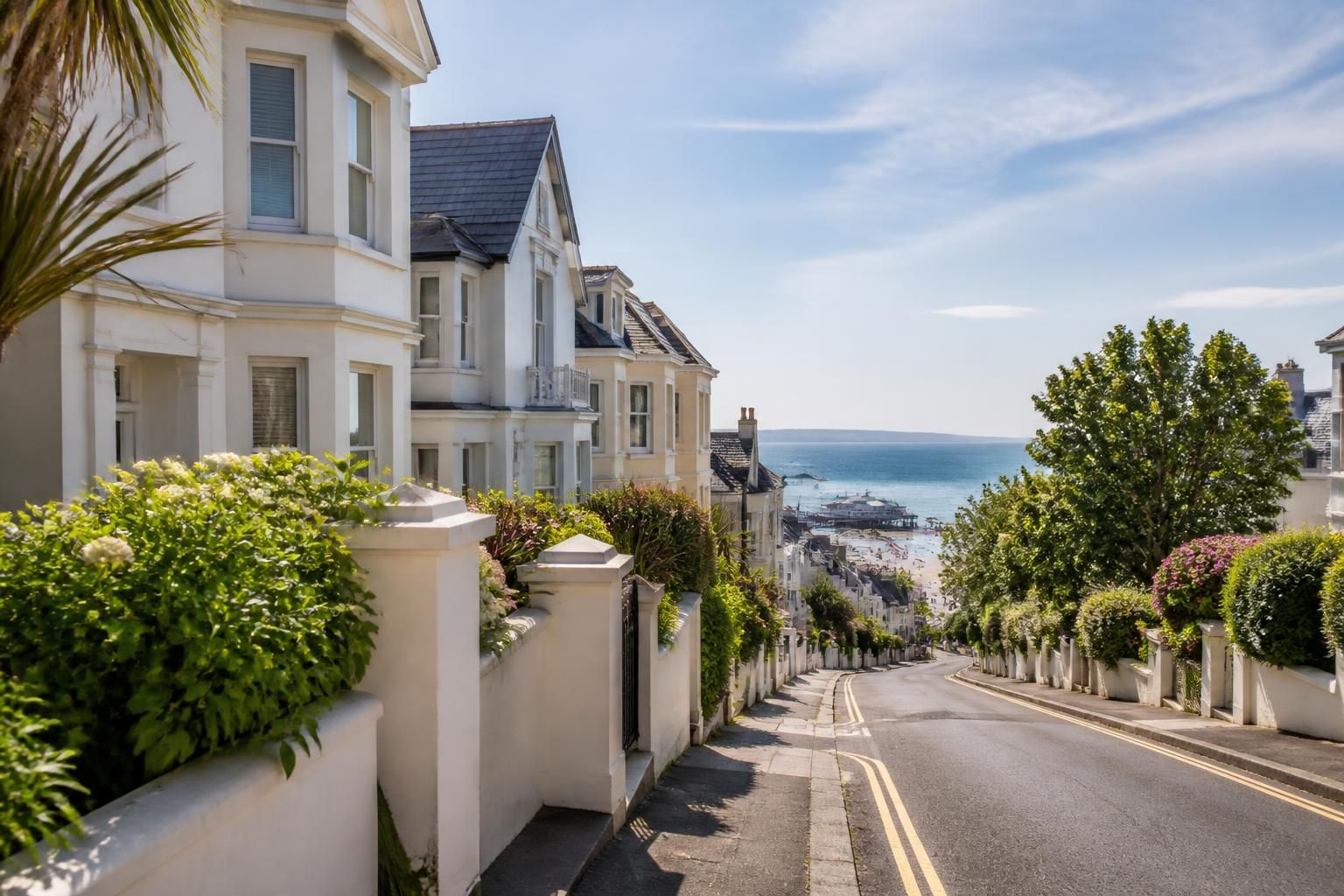 Welcoming Bournemouth residential scene with stylish homes and lush planting.