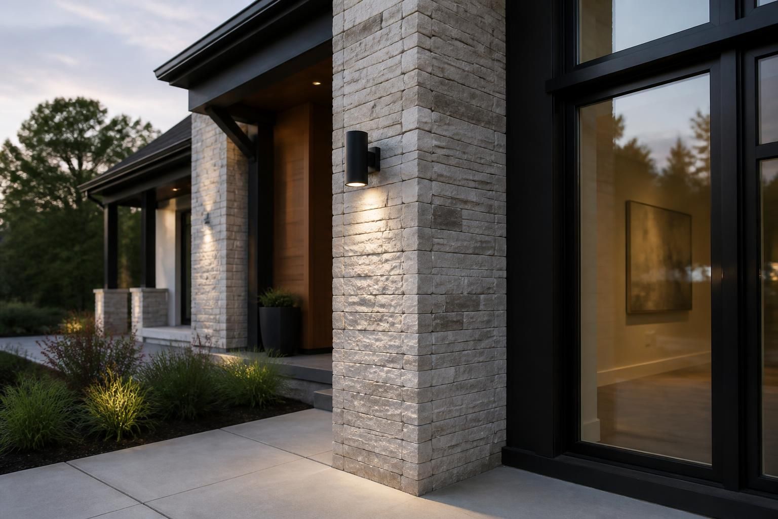 Finished residential construction with clean masonry and modern materials.