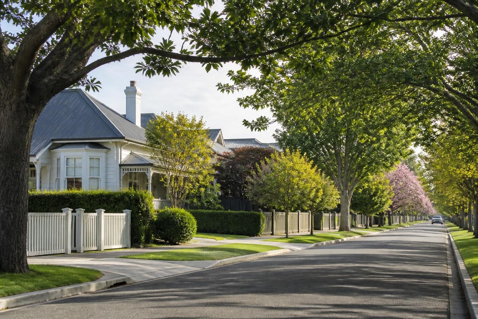 Welcoming Christchurch street with mature greenery and clean driveways.