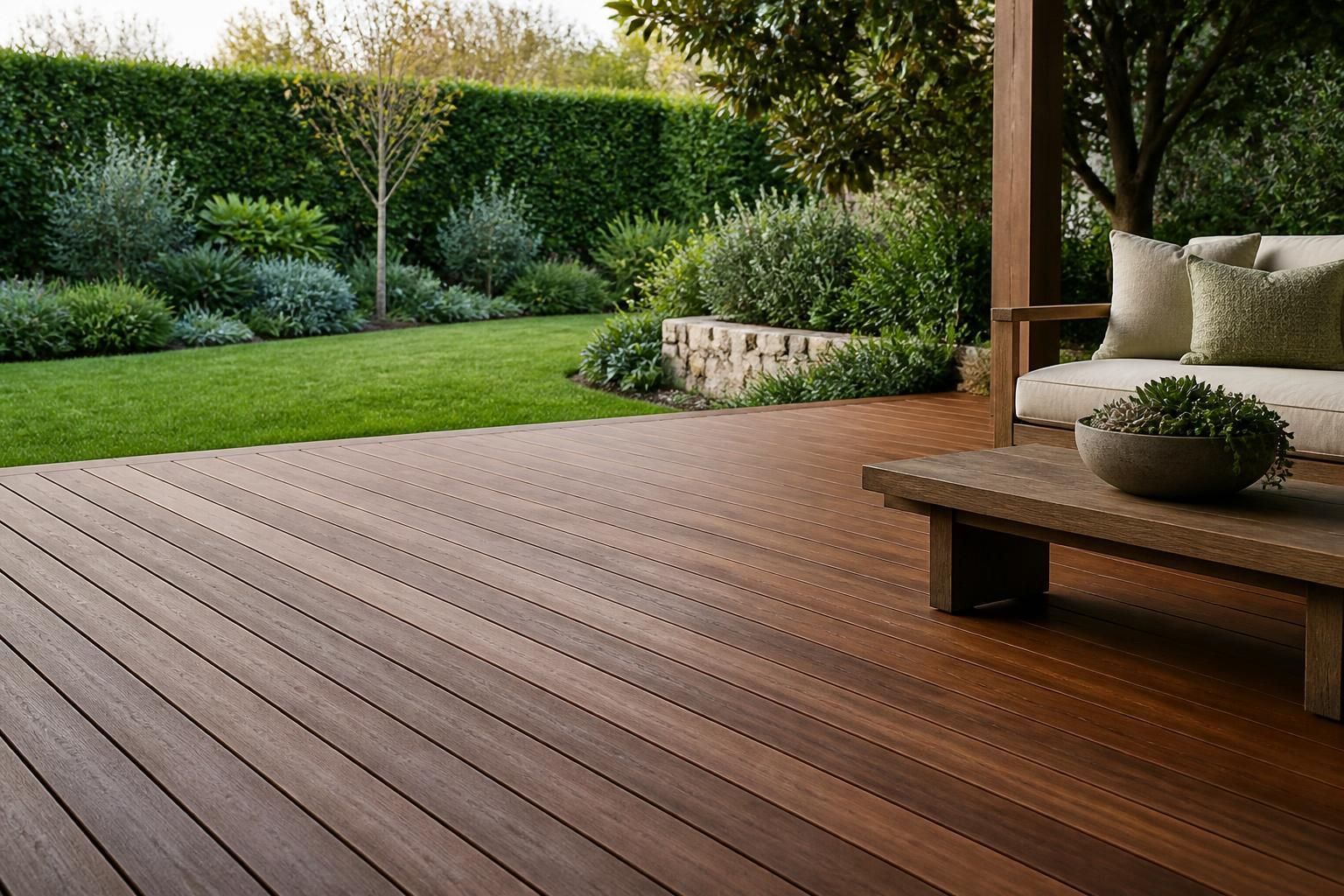 Finished timber deck with clean board lines and garden backdrop.