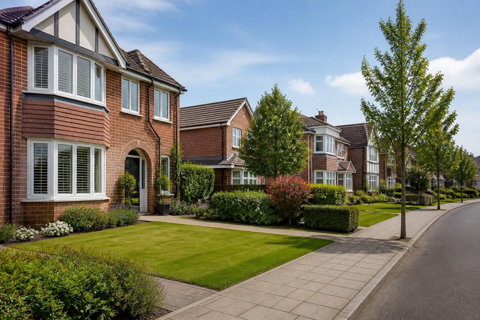Welcoming Fareham residential area with landscaped lawns and pathways.