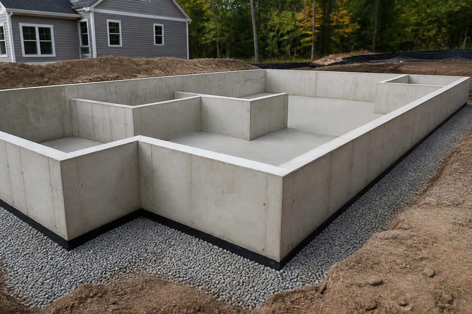 Completed foundation installation with clean concrete lines and site edges.