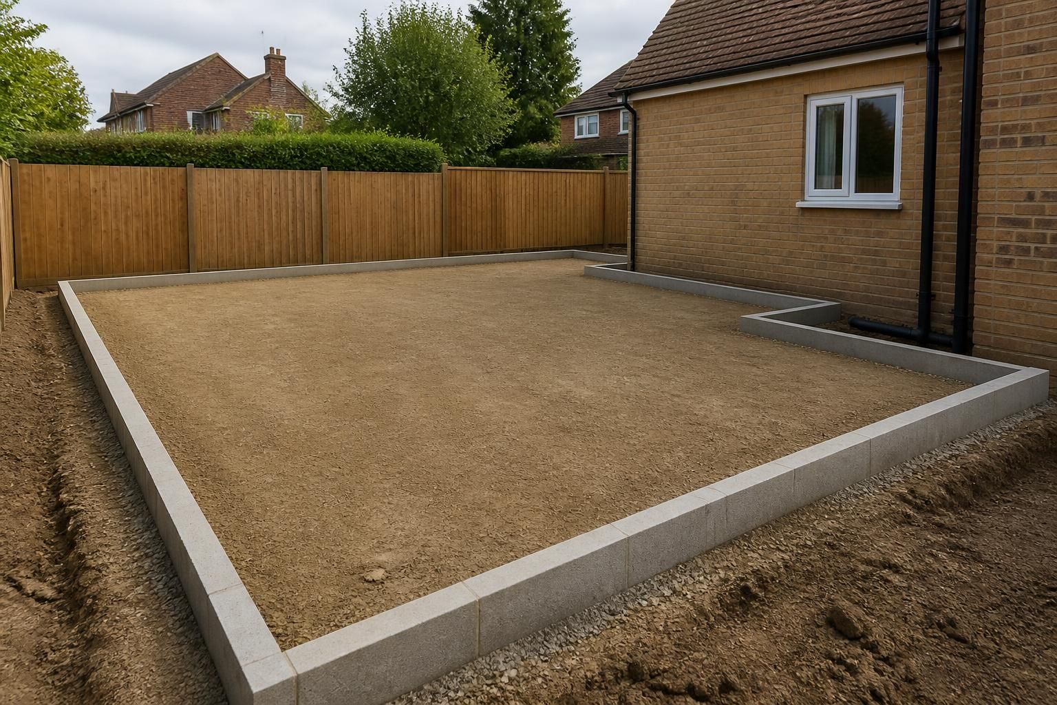 Completed groundworks with prepared levels and neat site preparation.