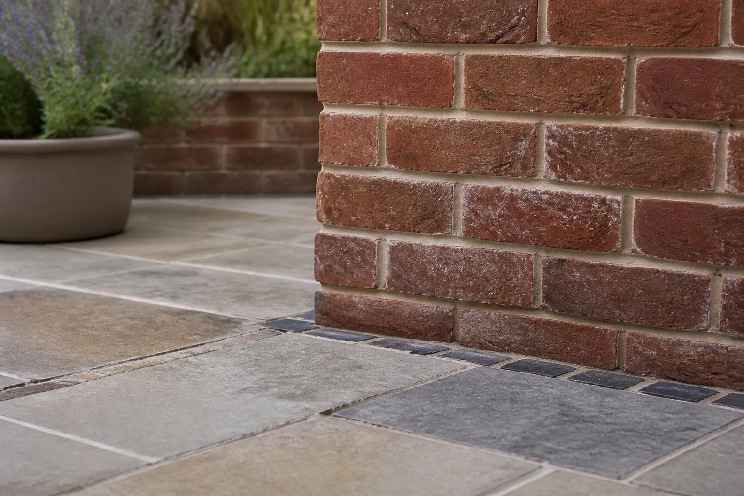 Close-up of brickwork and stone paving detail on a finished patio.