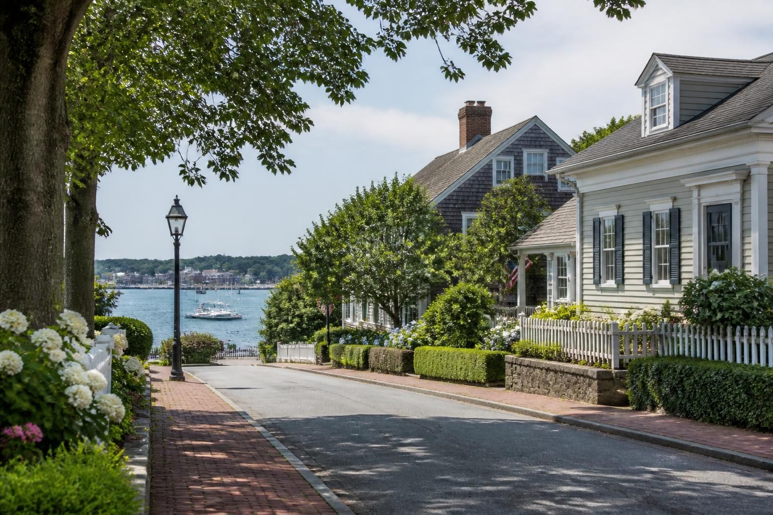 Welcoming coastal neighborhood scene in Portsmouth with well-kept homes.